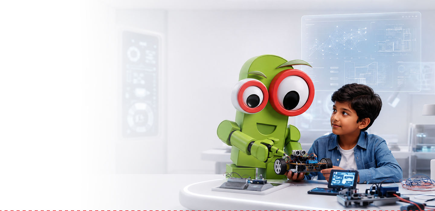 The Robominds mascot handing a small robot car to a smiling boy in a robotics lab