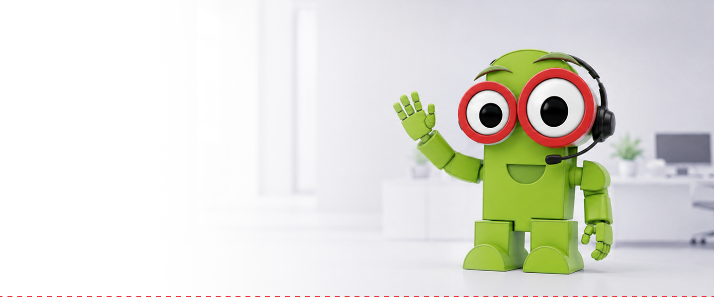 The Robominds mascot wearing a headset and waving hello