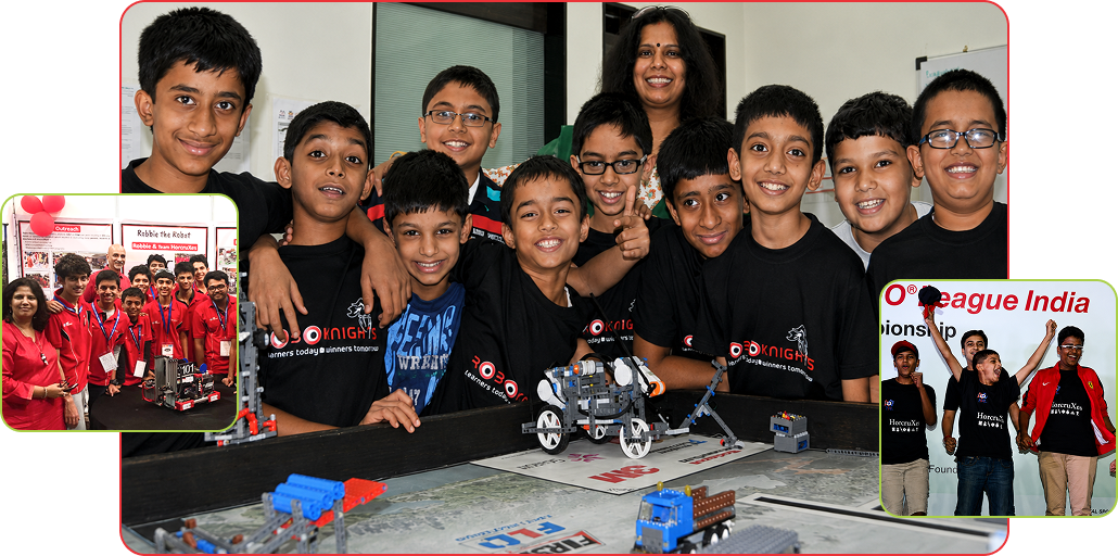 Robominds students and mentors celebrating with their robots at competitions