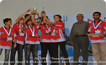 Robominds students lifting a trophy on an international podium